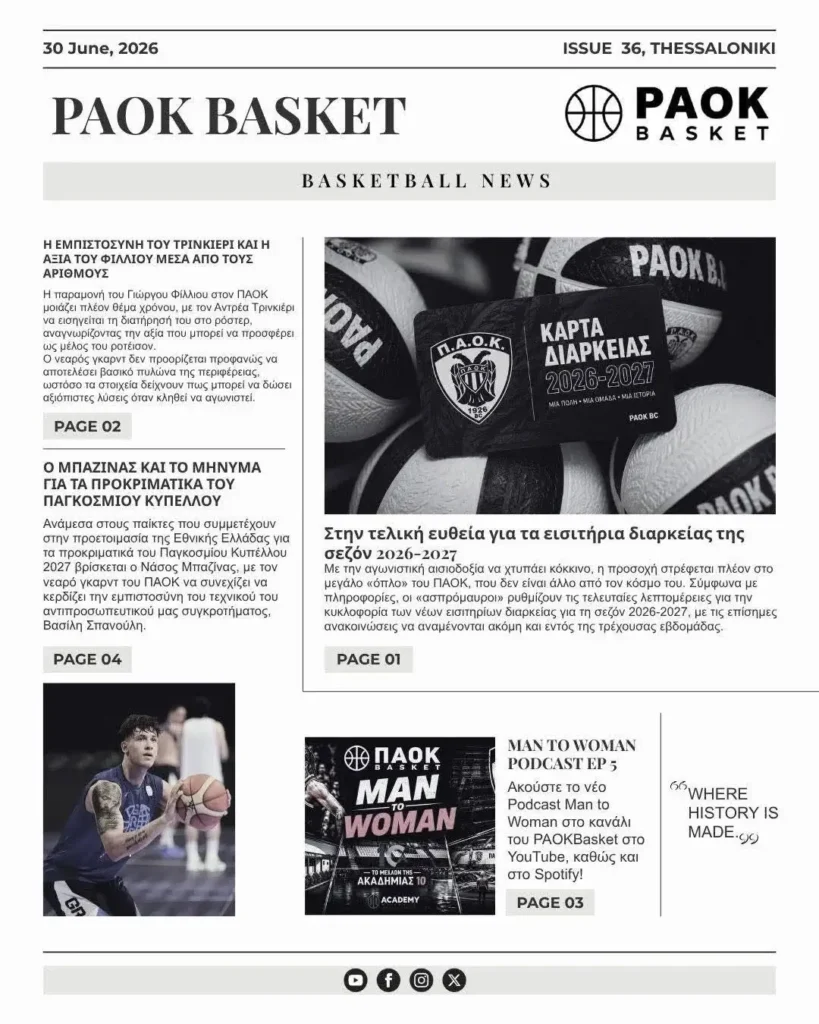 Το πρωτοσέλιδο του PAOK Basket Τρίτη 30 Ιουνίου 2026